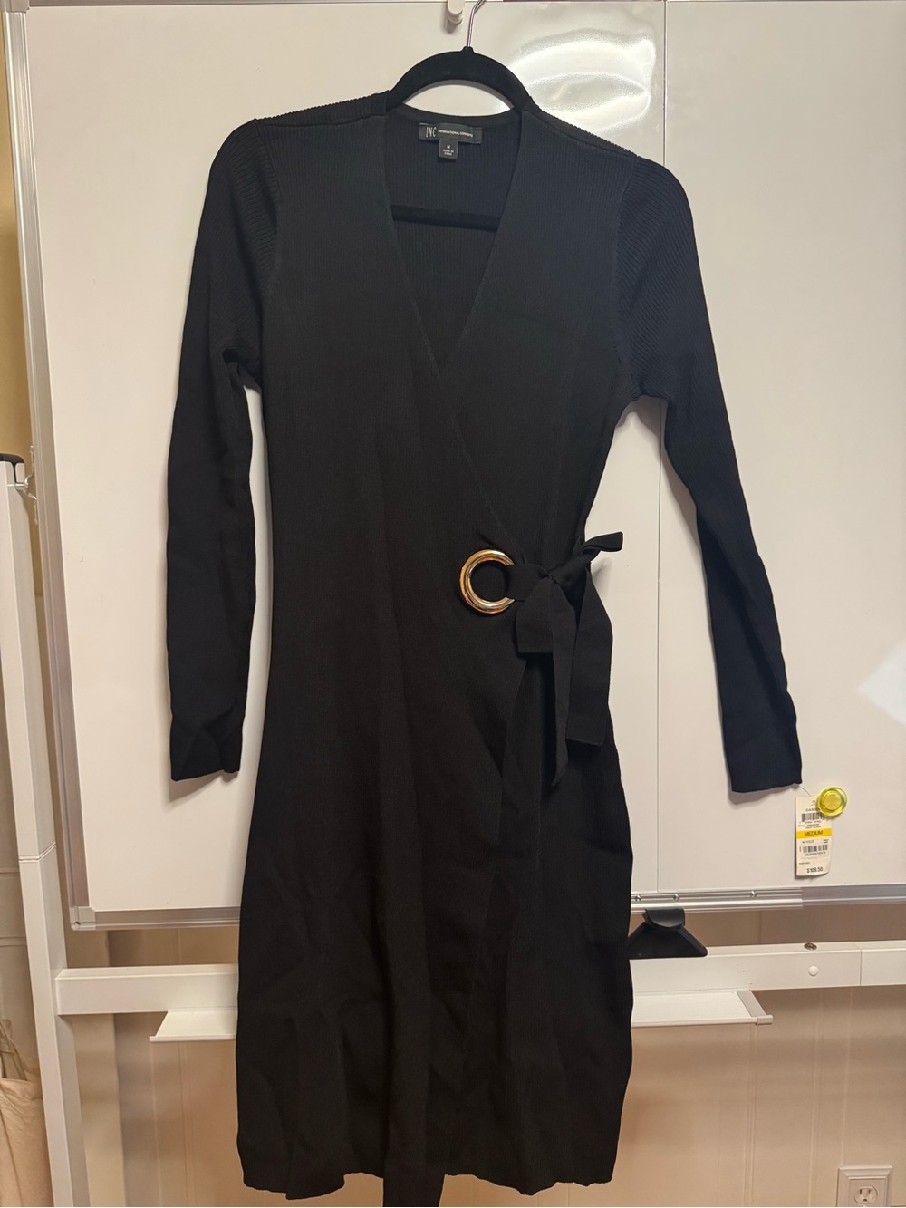 INC International Concepts Black Long Sleeve Wrap Dress with Gold Ring